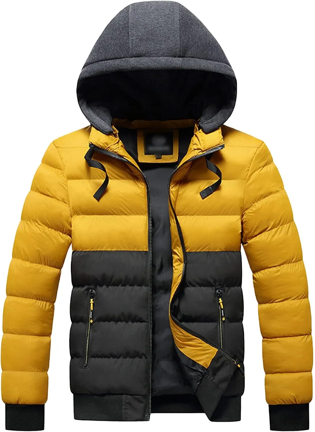 JEsilunmaMY Men's Color Block Hood Puffer Jacket Zip Up Slim Fit Hooded Down Coat Winter Warm Thicken Casual Puffer Coats