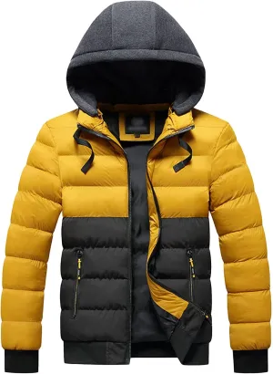 JEsilunmaMY Men's Color Block Hood Puffer Jacket Zip Up Slim Fit Hooded Down Coat Winter Warm Thicken Casual Puffer Coats