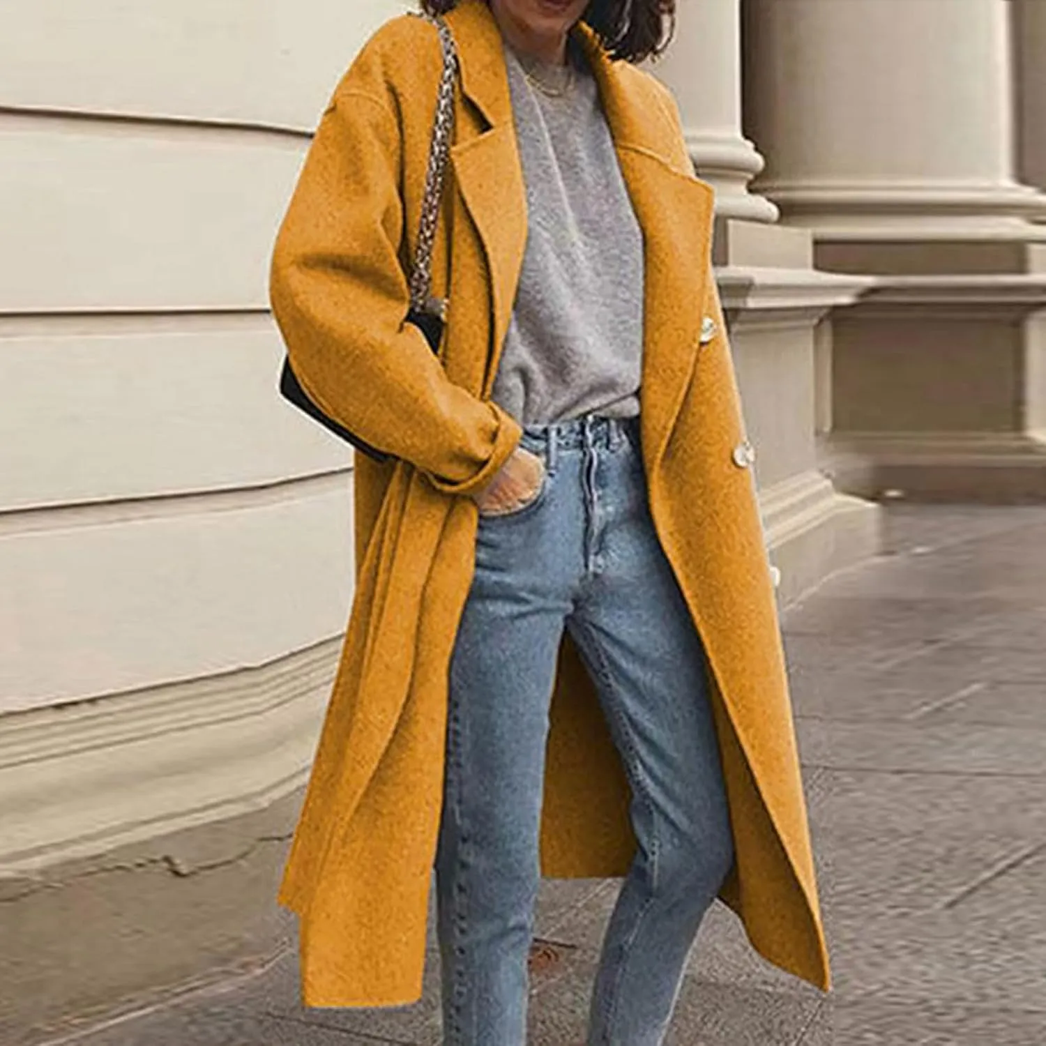 JOAU Women's Winter Wool Coat Elegant Notched Lapel Collar Double Breasted Pea Coats Wool Blend Overcoat Jackets Outerwear