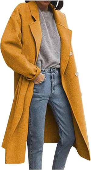 JOAU Women's Winter Wool Coat Elegant Notched Lapel Collar Double Breasted Pea Coats Wool Blend Overcoat Jackets Outerwear