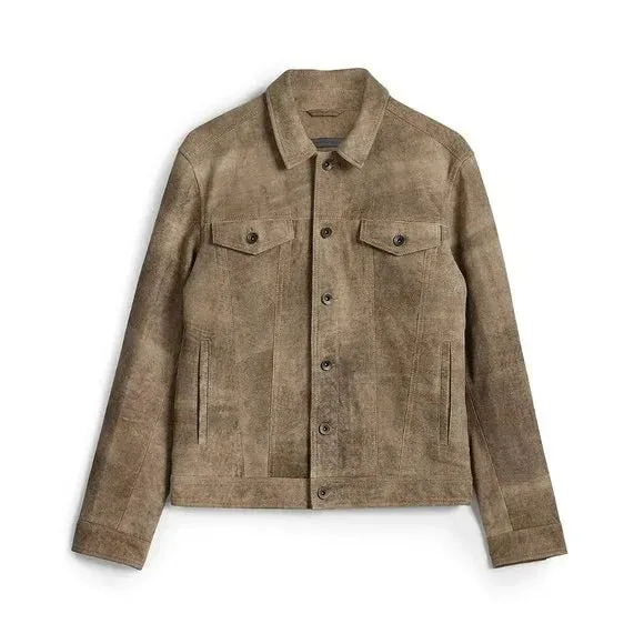 John Varvatos Mens Classic fit Casual Coat Suede Leather Trucker Jacket 48 Brown