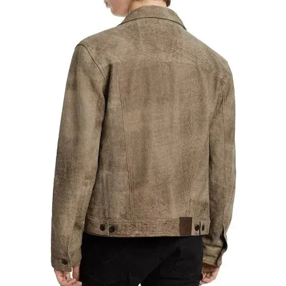 John Varvatos Mens Classic fit Casual Coat Suede Leather Trucker Jacket 48 Brown