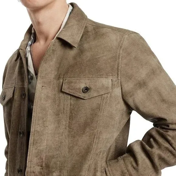 John Varvatos Mens Classic fit Casual Coat Suede Leather Trucker Jacket 48 Brown