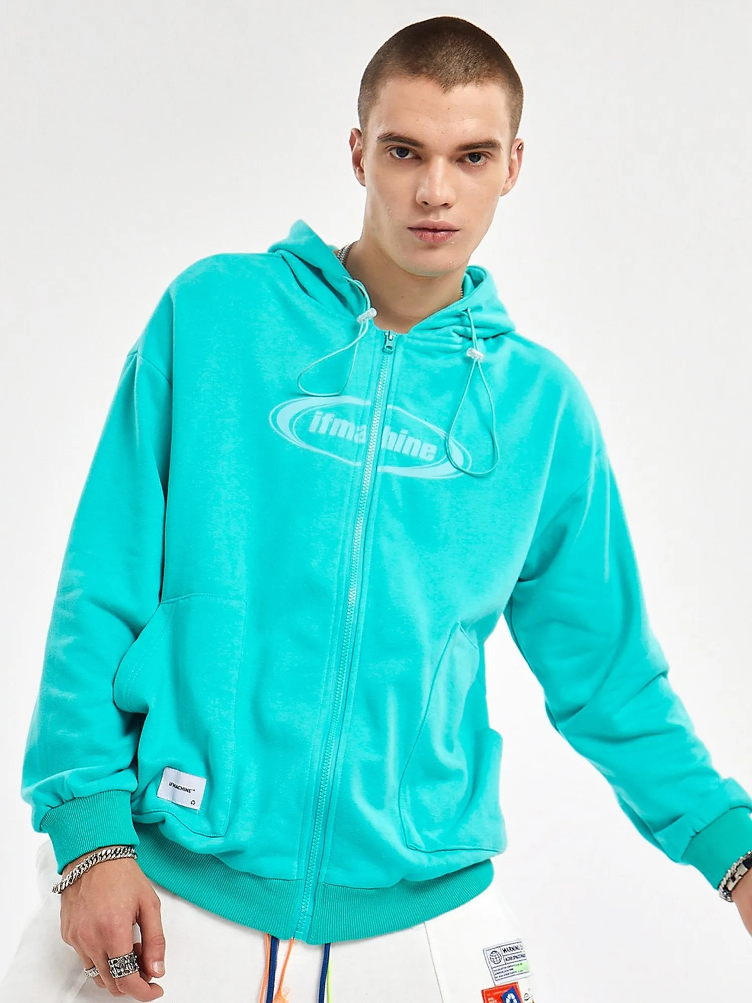 JUSTNOTAG Letter Cotton Hooded Zip-Up Hoodies