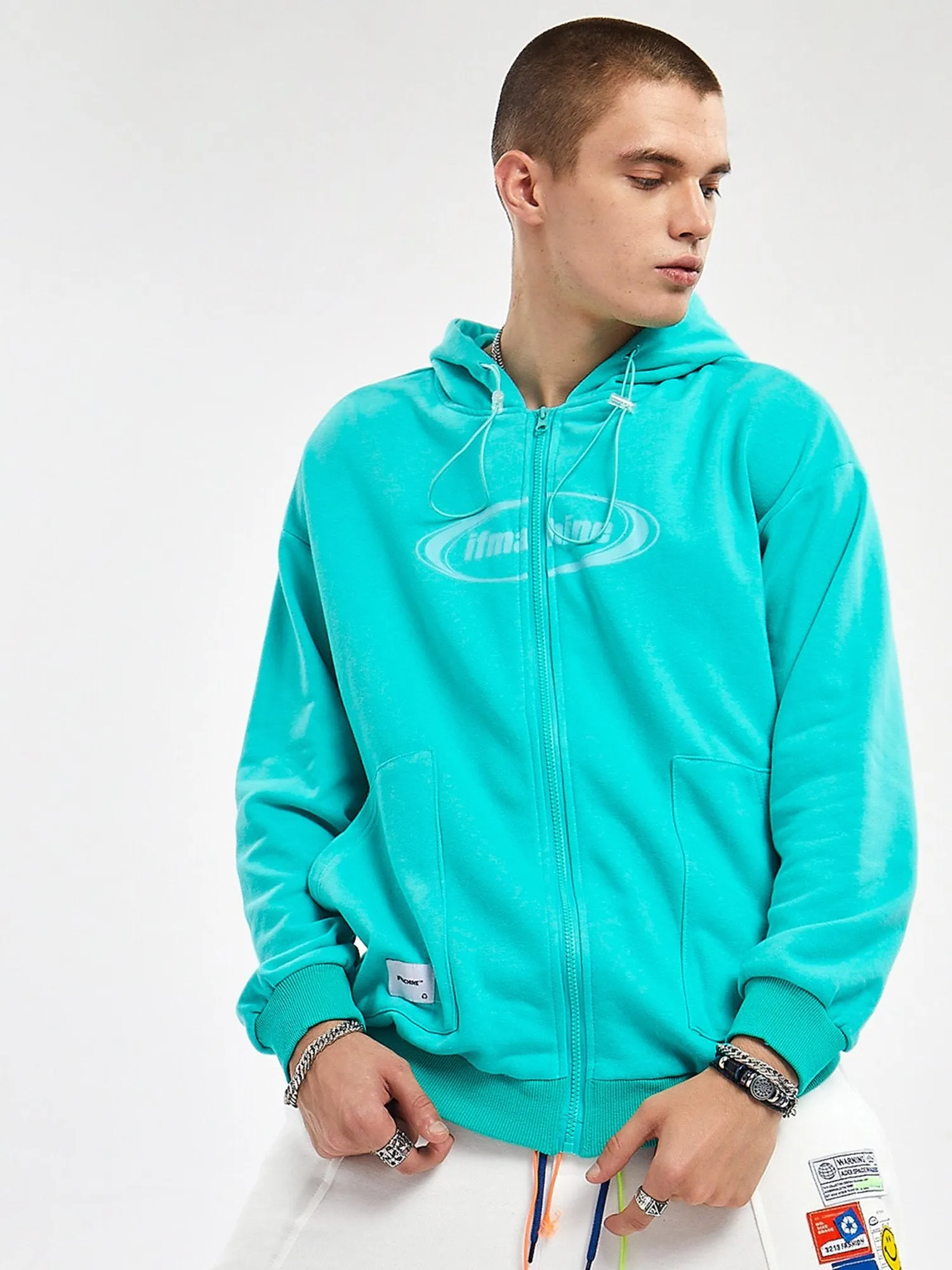 JUSTNOTAG Letter Cotton Hooded Zip-Up Hoodies