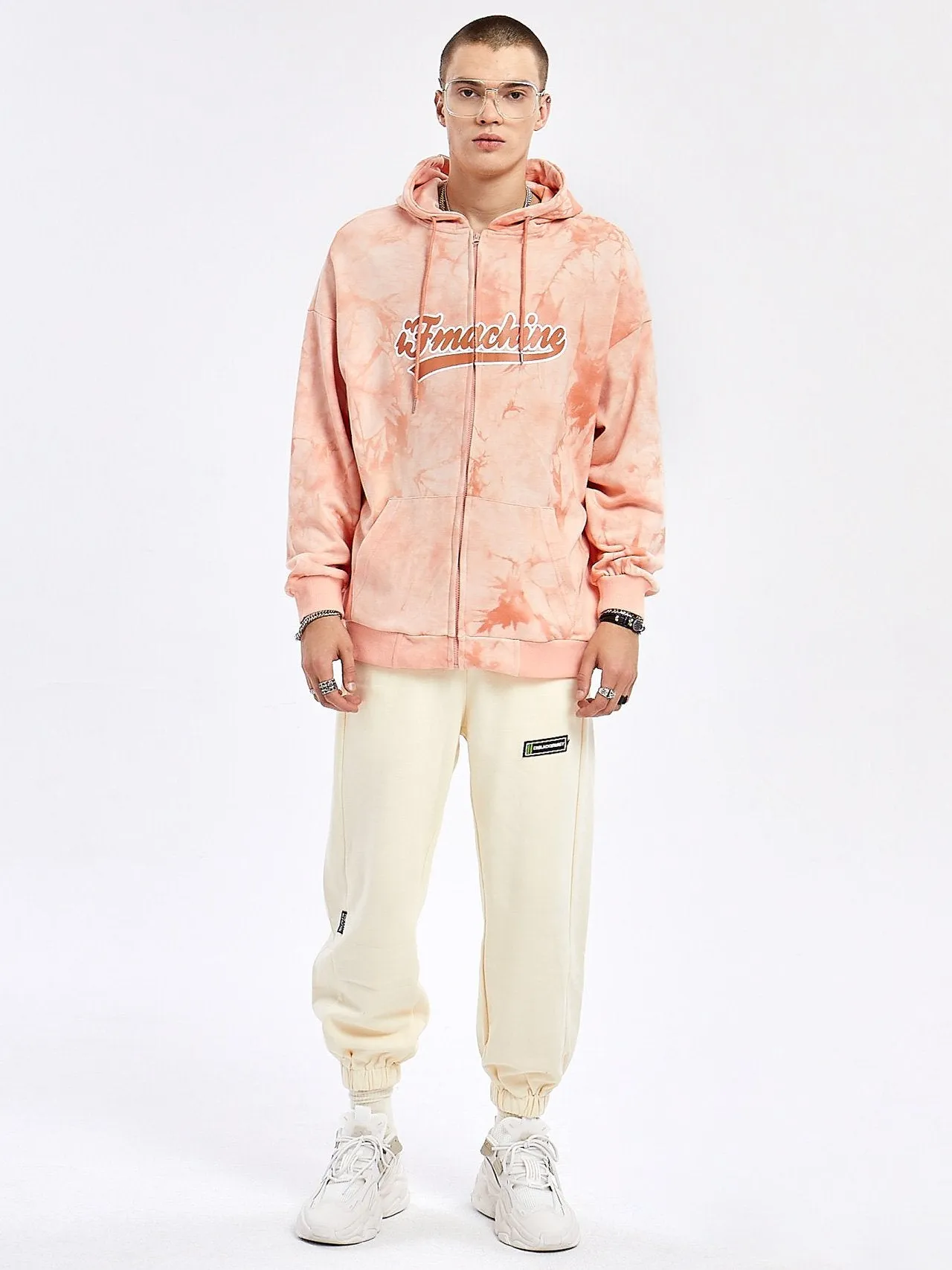 JUSTNOTAG Letter Print Cotton Zip-Up Salmon Hoodies