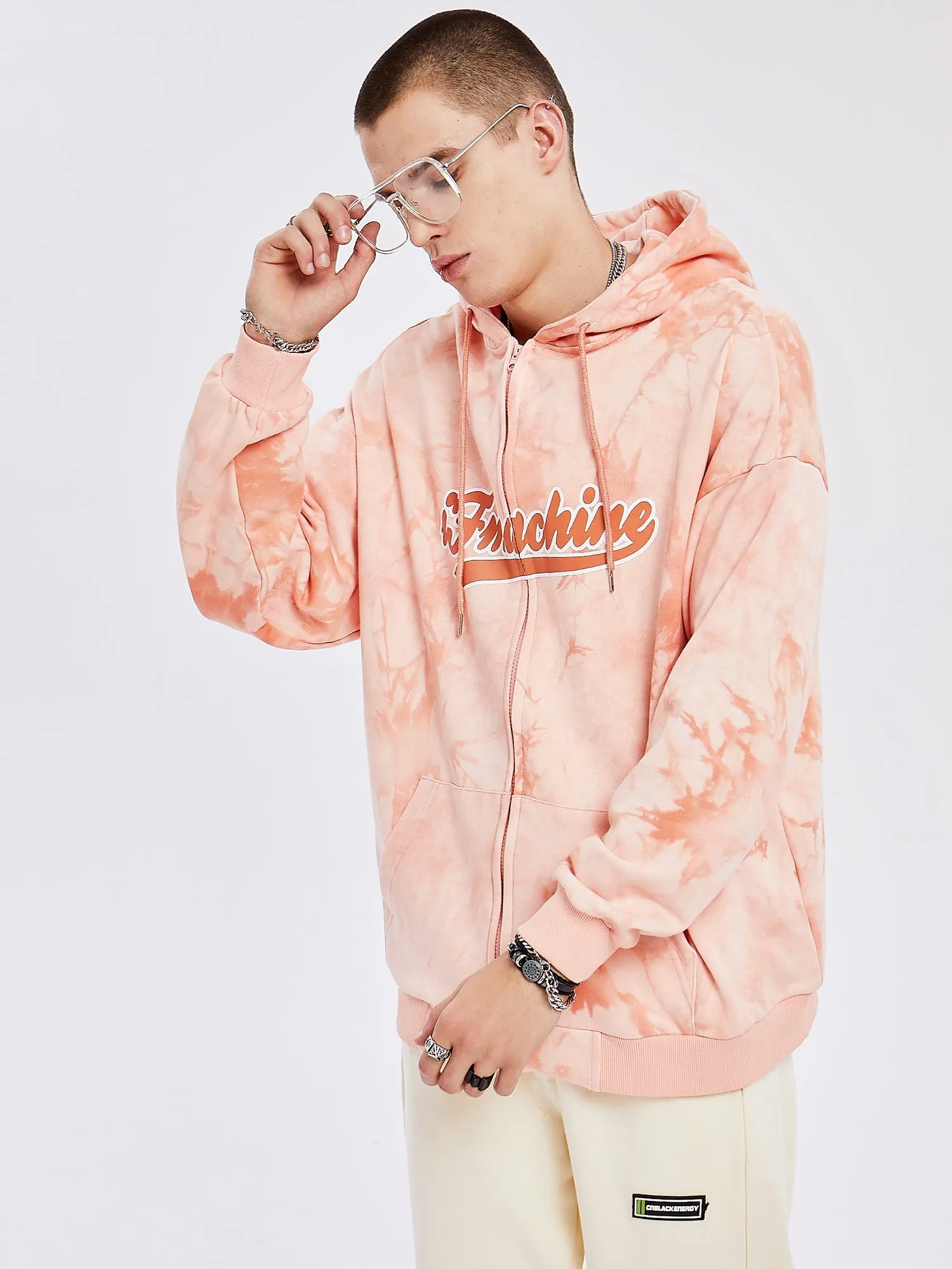 JUSTNOTAG Letter Print Cotton Zip-Up Salmon Hoodies