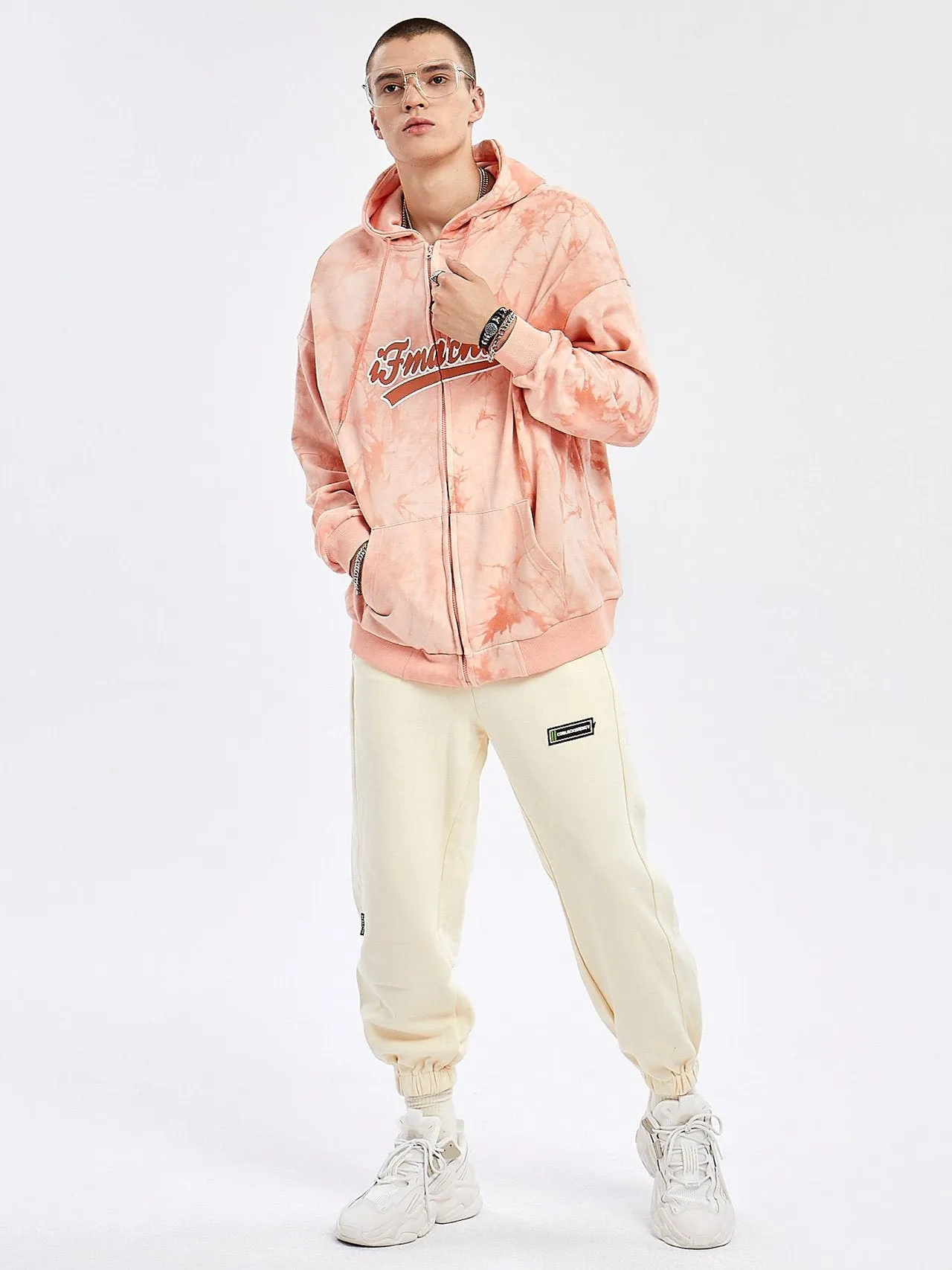 JUSTNOTAG Letter Print Cotton Zip-Up Salmon Hoodies