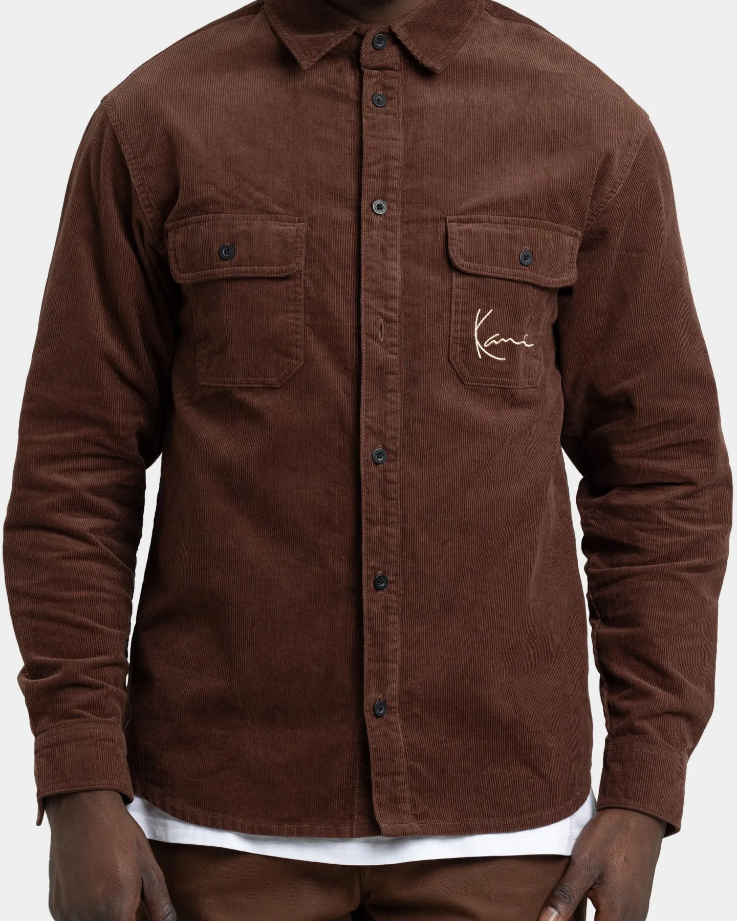 Karl Kani Men's Chest Signature Corduroy Shirt Brown