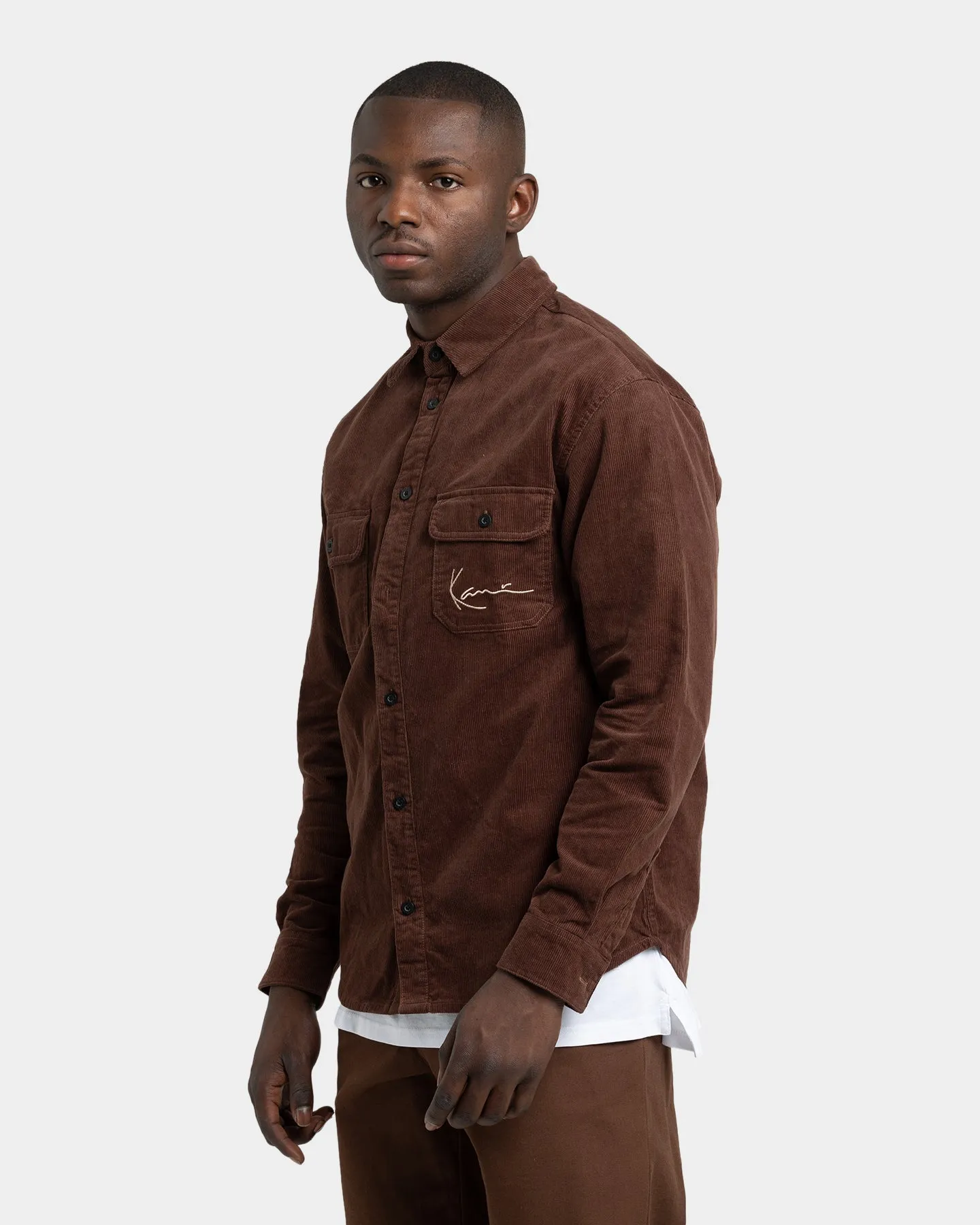 Karl Kani Men's Chest Signature Corduroy Shirt Brown