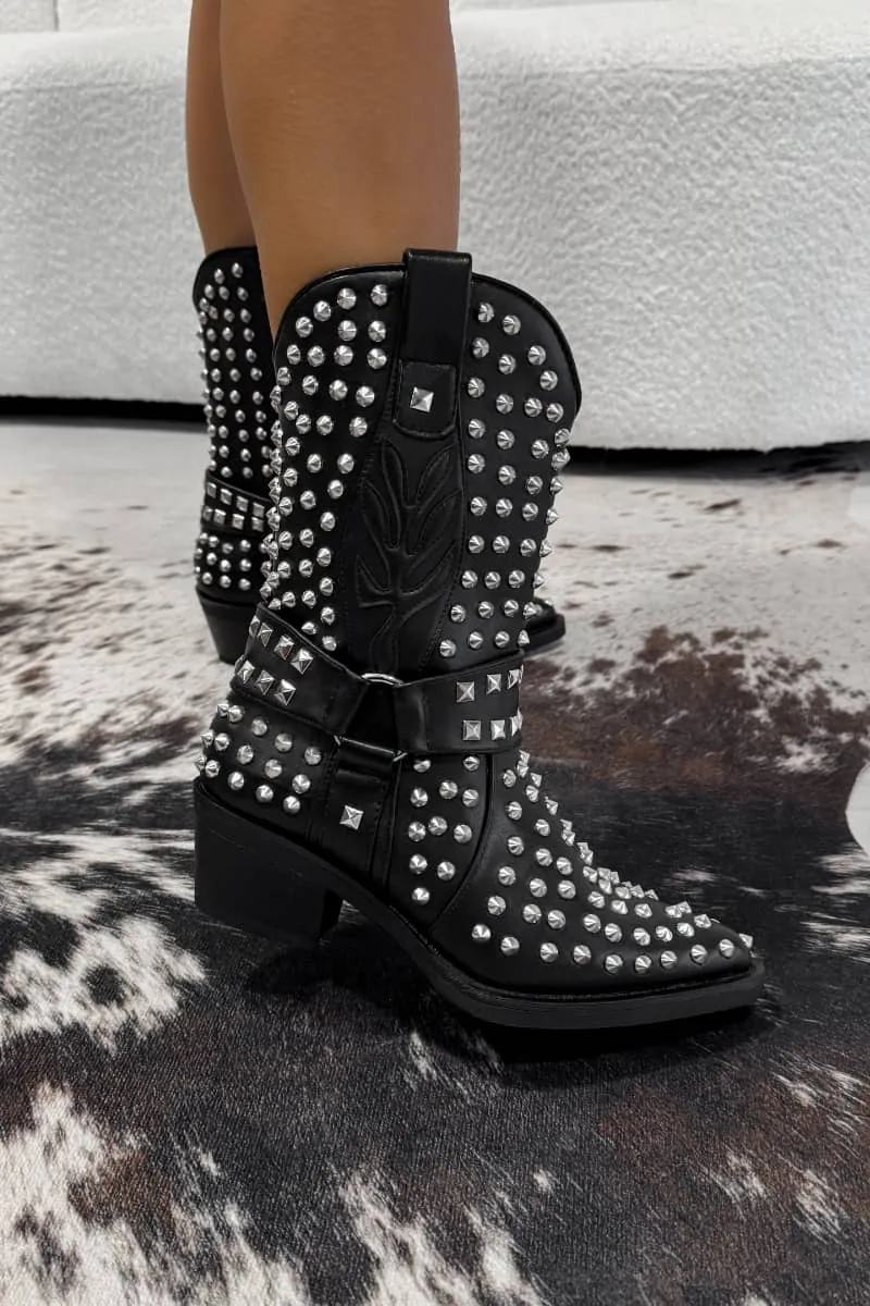 KARRIE Studded Western Cowboy Ankle Boots - Black