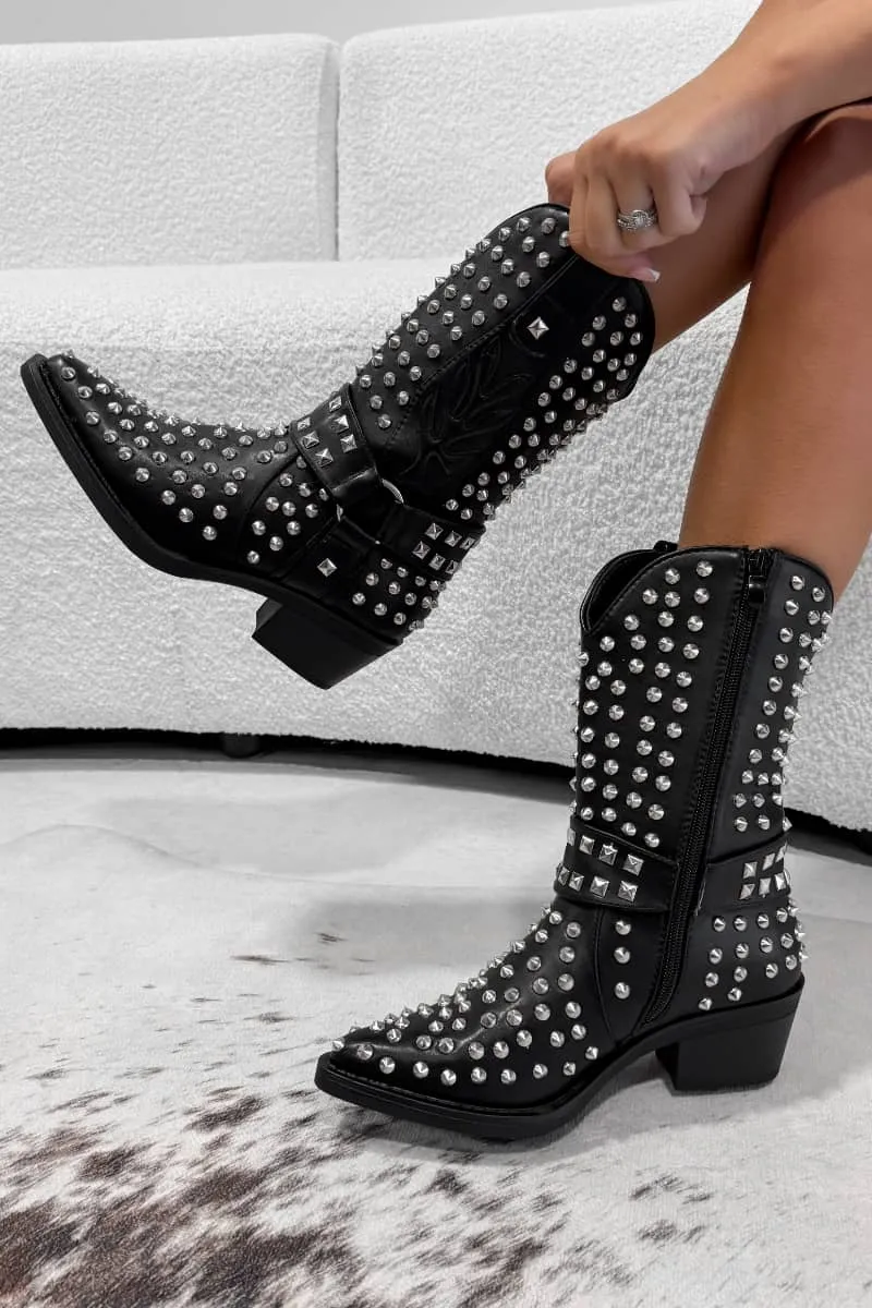 KARRIE Studded Western Cowboy Ankle Boots - Black