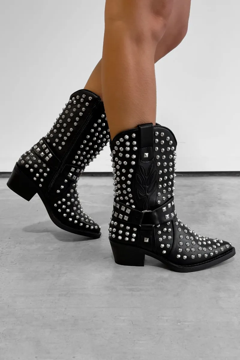 KARRIE Studded Western Cowboy Ankle Boots - Black
