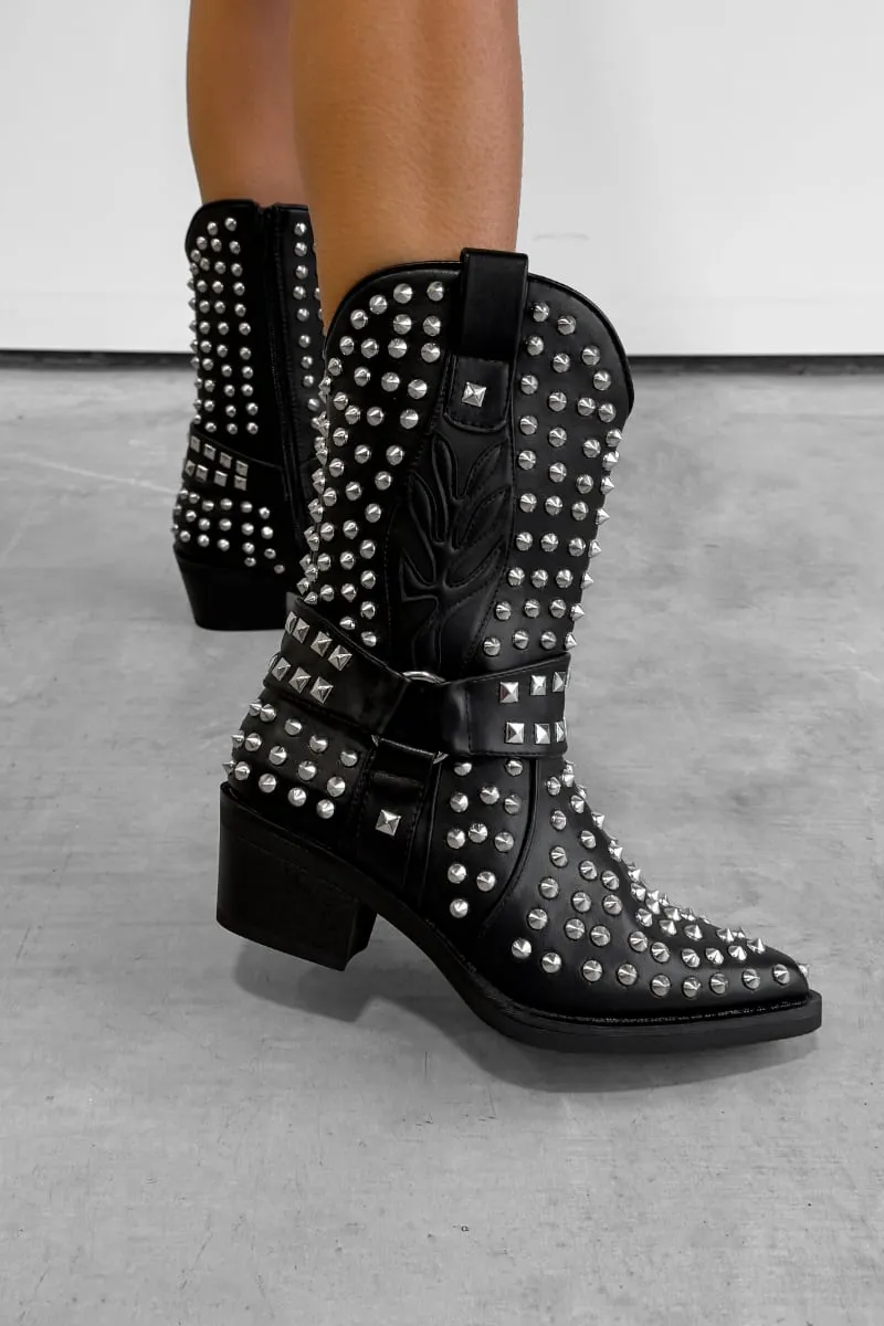 KARRIE Studded Western Cowboy Ankle Boots - Black