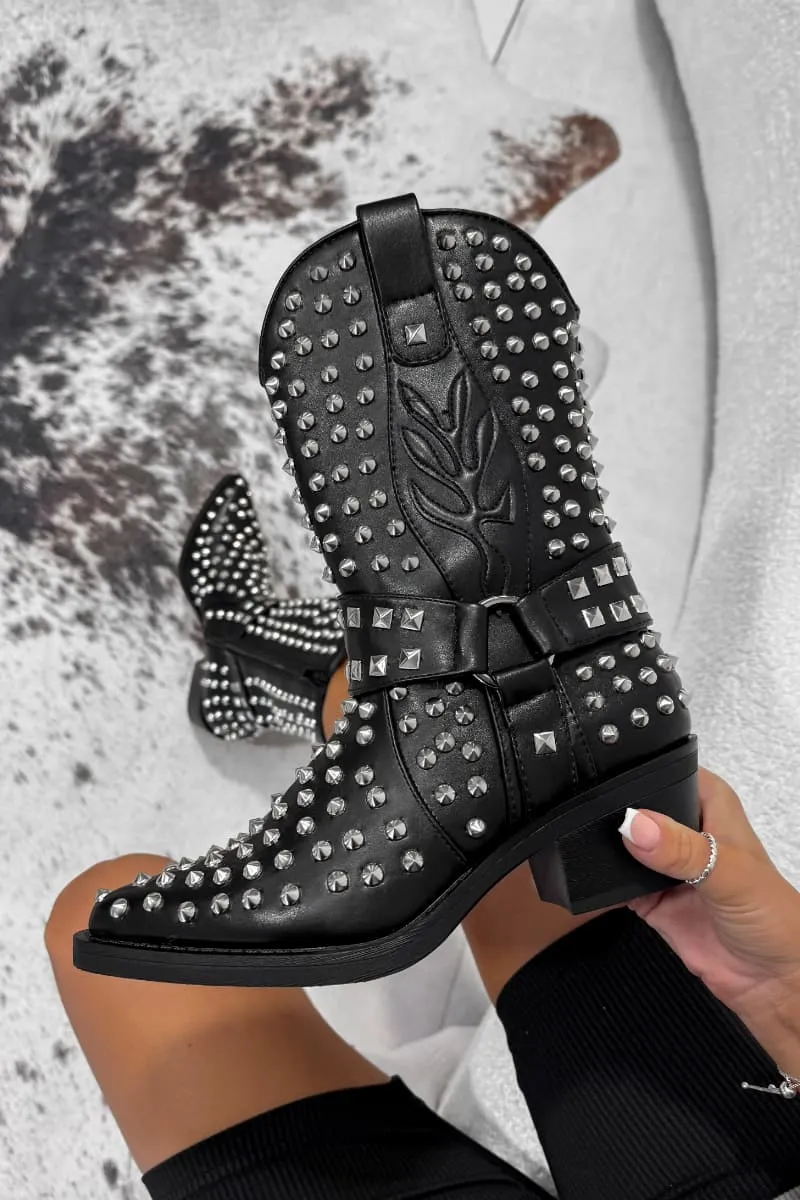 KARRIE Studded Western Cowboy Ankle Boots - Black