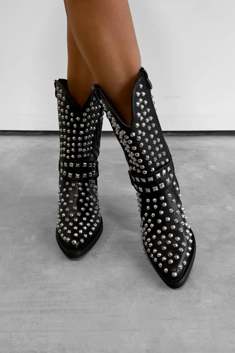 KARRIE Studded Western Cowboy Ankle Boots - Black