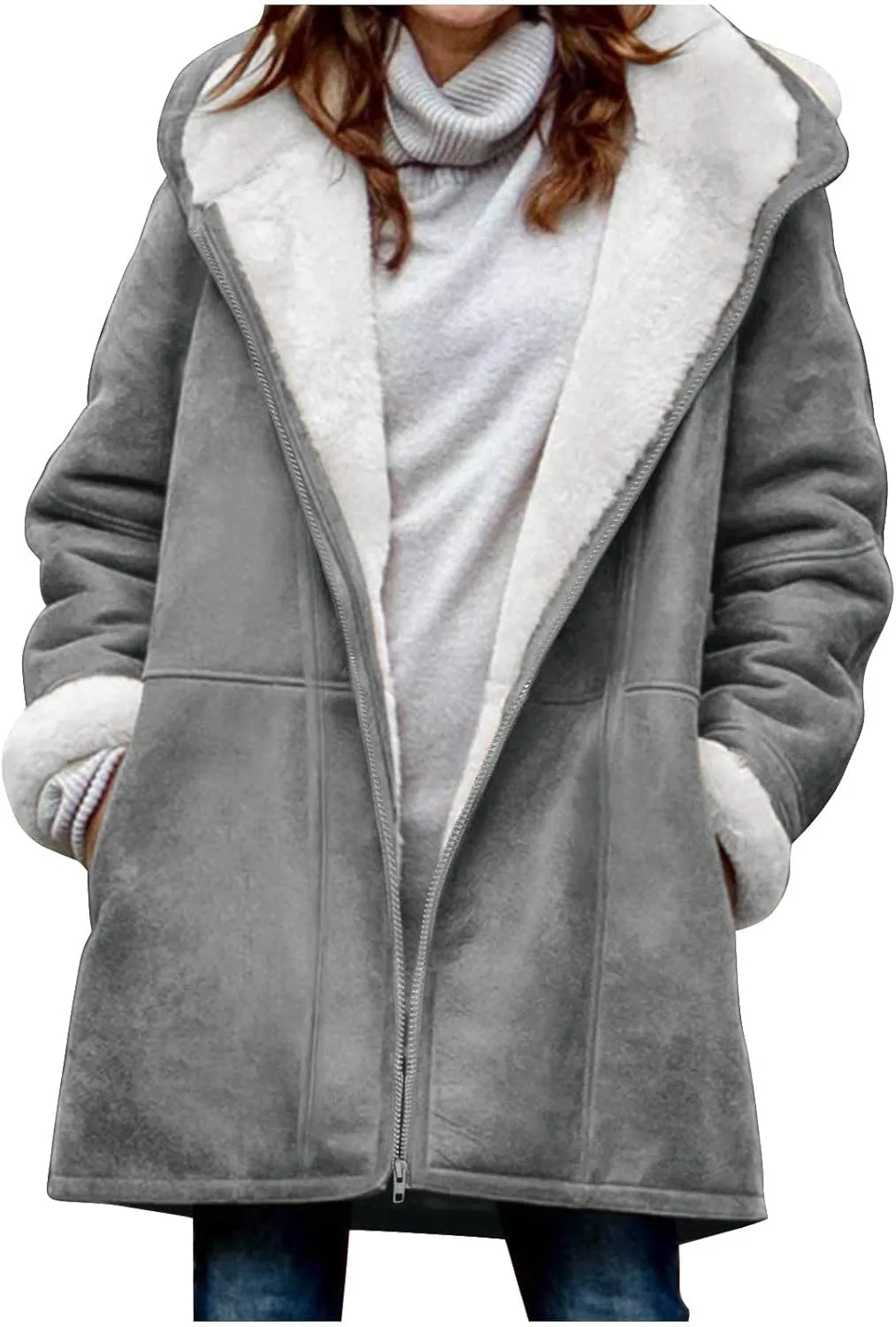 Kubbon Womens Sherpa Lined Jacket Fall Winter Fashion Fuzzy Fleece Lined Faux Suede Coat Hooded Distressed Jackets Outerwear