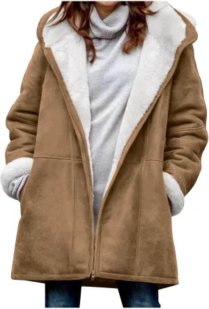 Kubbon Womens Sherpa Lined Jacket Fall Winter Fashion Fuzzy Fleece Lined Faux Suede Coat Hooded Distressed Jackets Outerwear