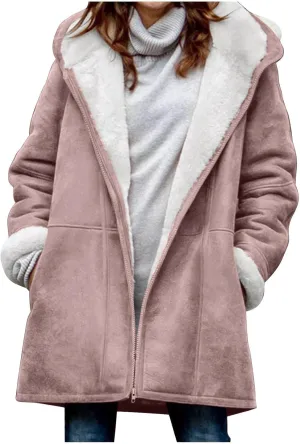 Kubbon Womens Sherpa Lined Jacket Fall Winter Fashion Fuzzy Fleece Lined Faux Suede Coat Hooded Distressed Jackets Outerwear