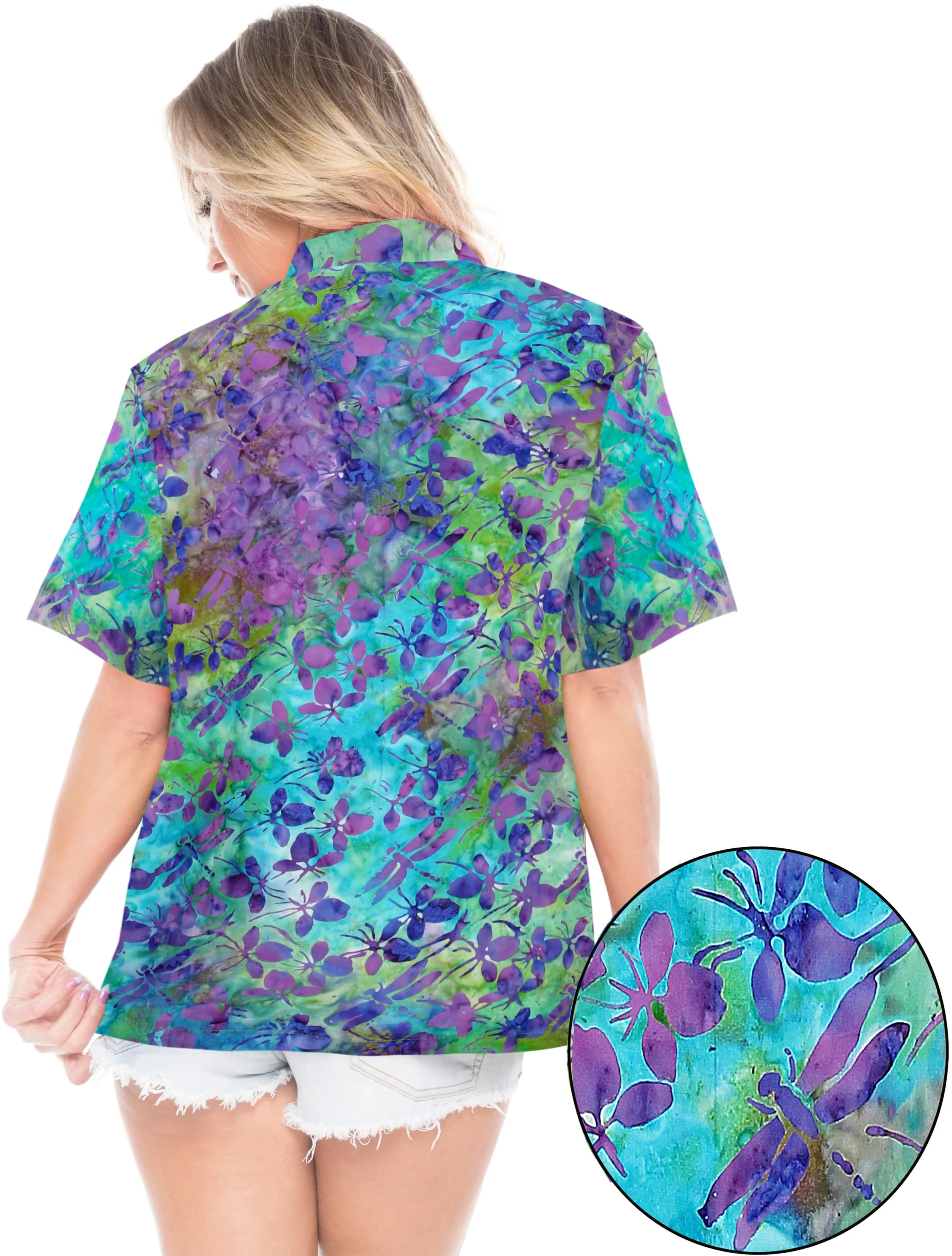 LA LEELA Women's Hawaiian  Button Down Short Sleeve Casual  100 % cotton hand printed Blouse Turquoise