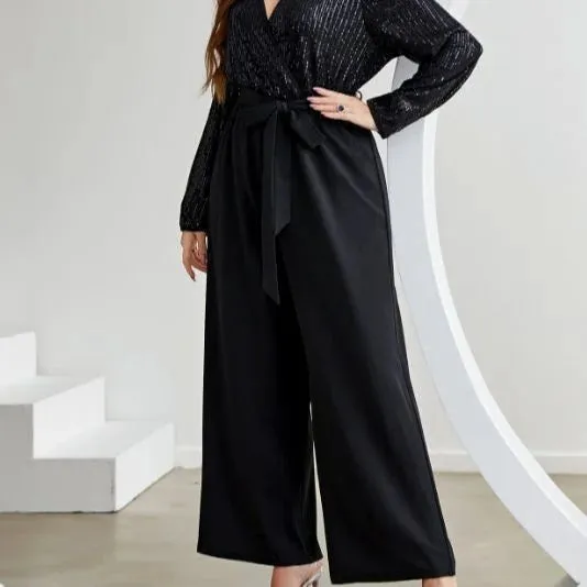 Lace-up V-neck Sequin  Jumpsuit