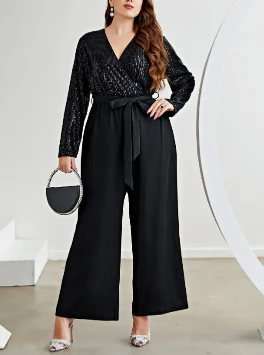 Lace-up V-neck Sequin  Jumpsuit