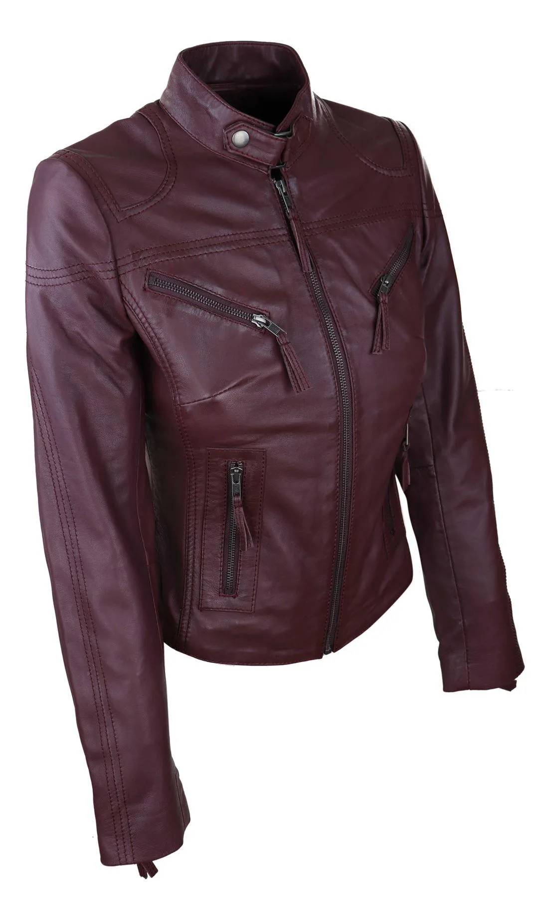 Ladies Women Genuine Real Leather Slim Fit Navy Biker Jacket