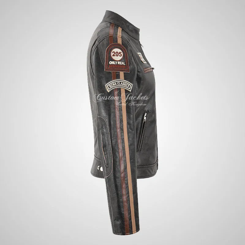 LDS SIZMA Vintage Leather Biker Jacket for Women