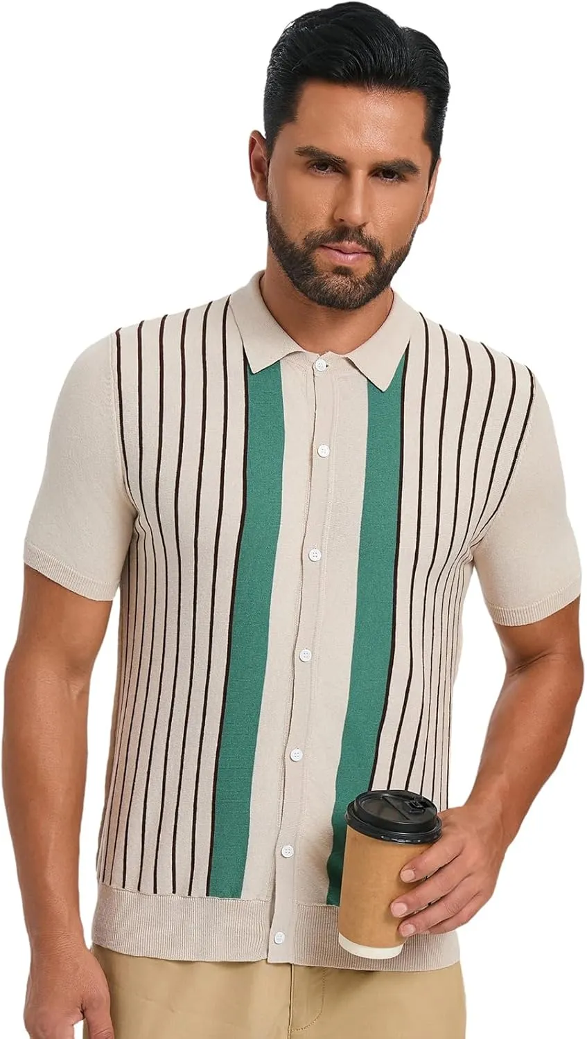 Les umes Men's Knit Polo Shirts Short Sleeve Button Down Shirts Striped Summer Beach Casual Shirt