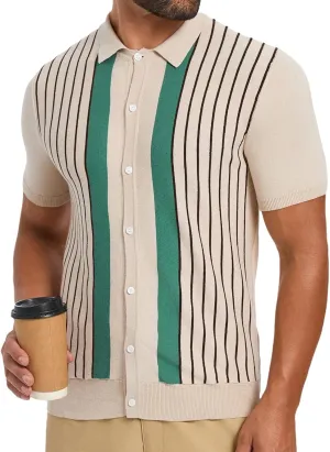 Les umes Men's Knit Polo Shirts Short Sleeve Button Down Shirts Striped Summer Beach Casual Shirt