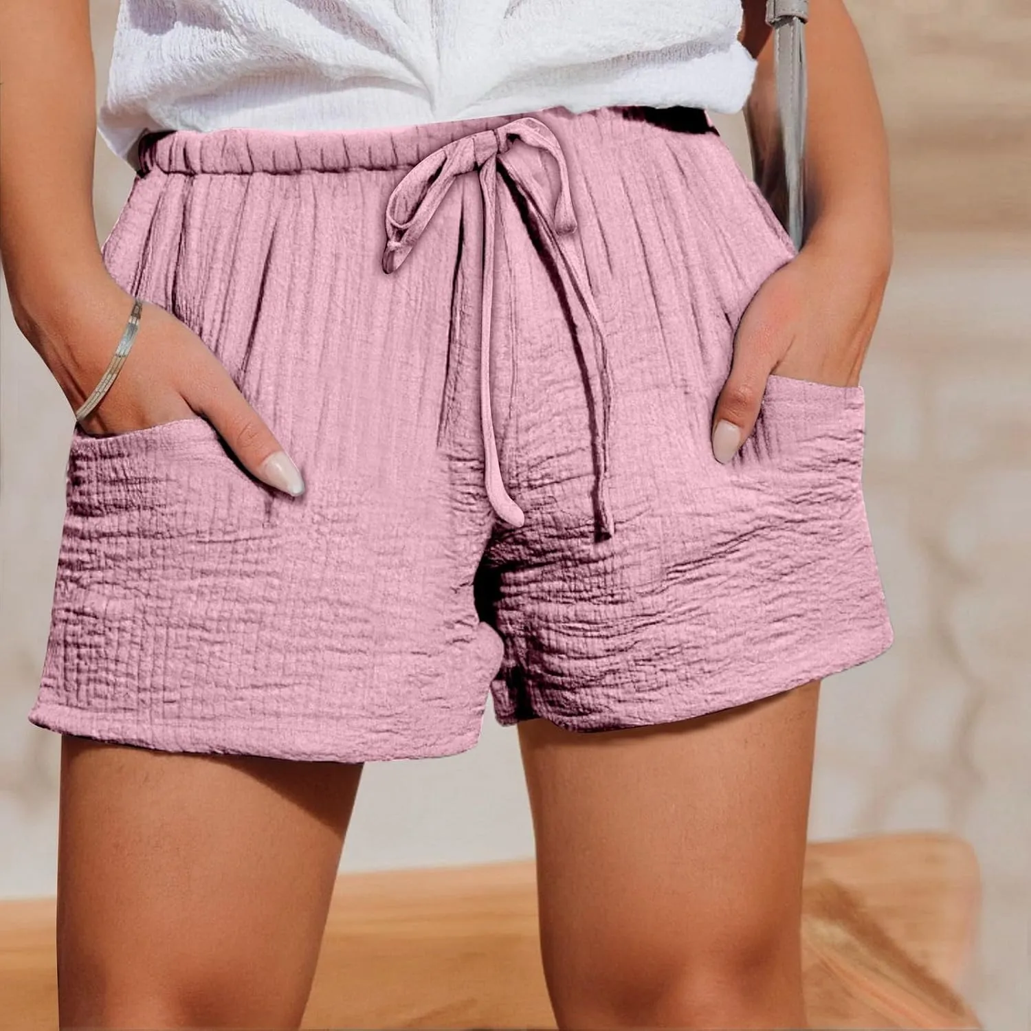 Linen Drawstring Shorts for Women Casual Summer Elastic Waist Chino Short Loose Lightweight Pants with Pockets