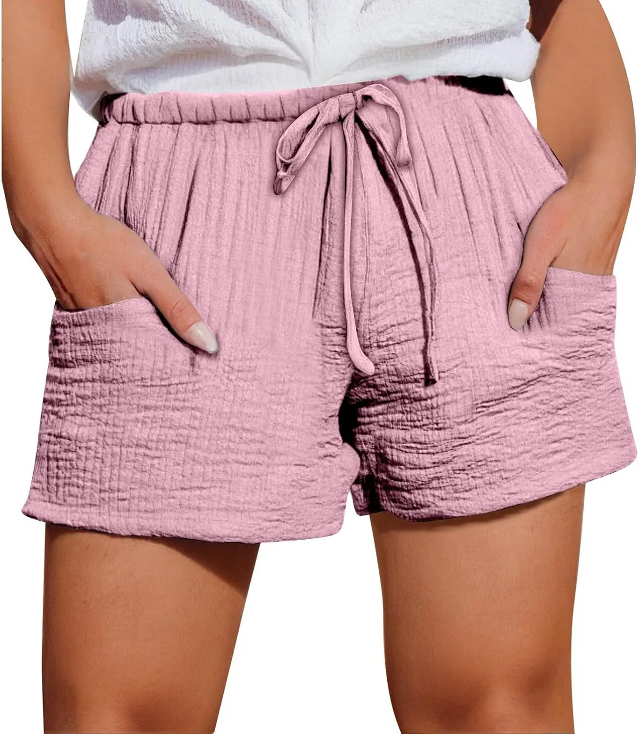 Linen Drawstring Shorts for Women Casual Summer Elastic Waist Chino Short Loose Lightweight Pants with Pockets
