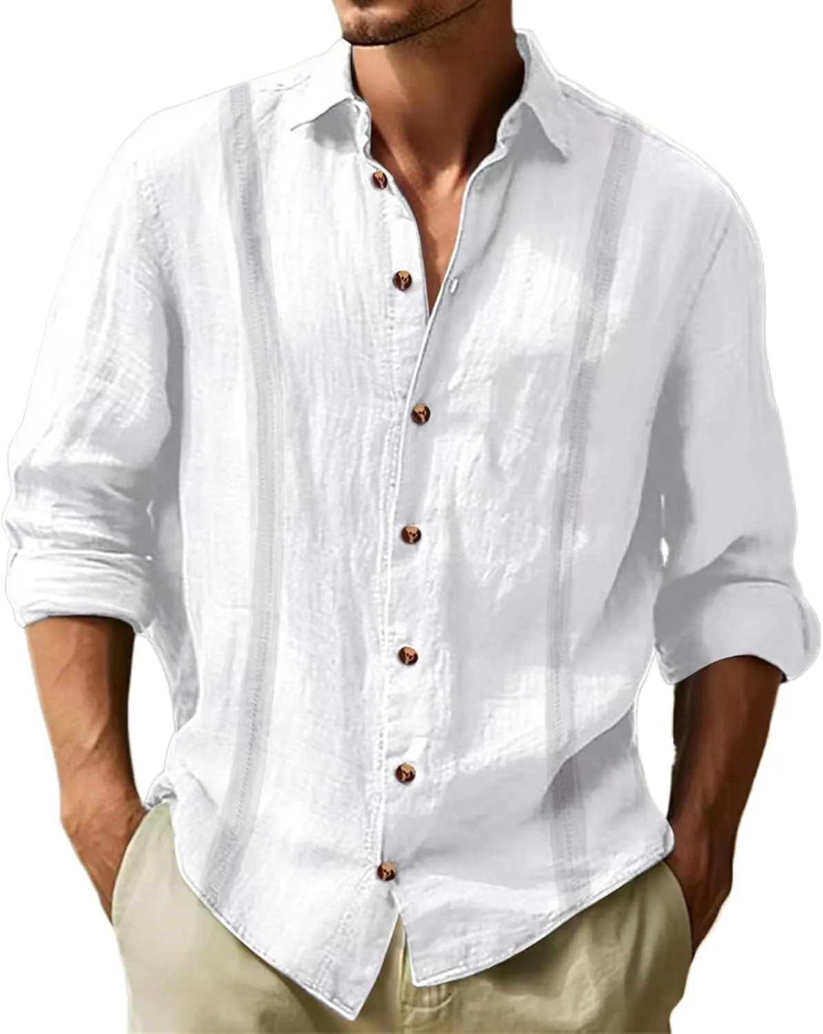 Linen Guayabera Shirts Mens Casual Long Sleeve Fashion Button Down T-Shirts Lapel Solid Hawaiian Spring Summer Shirt