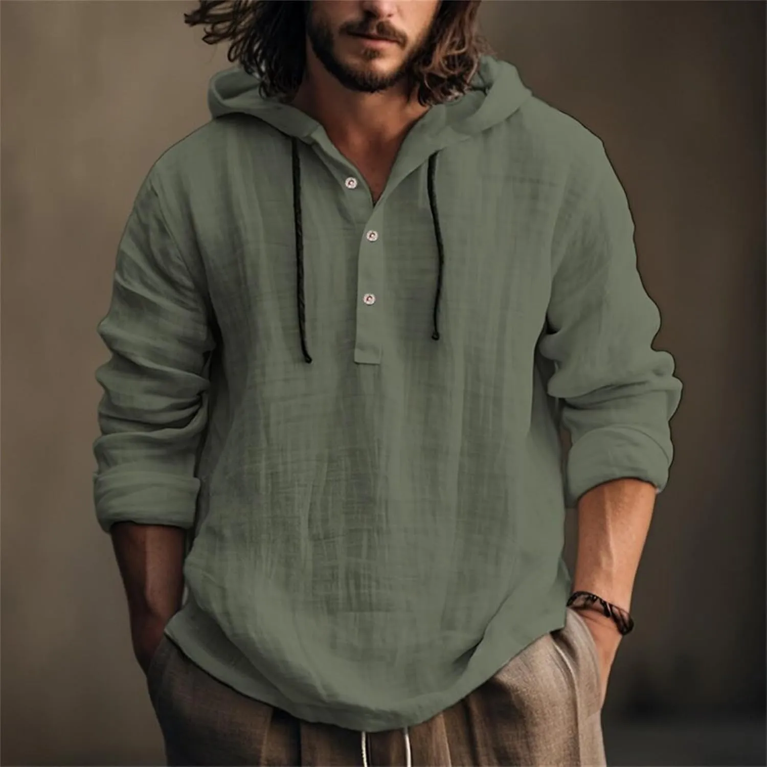Linen Hoodie Men Lightweight Long Sleeve Button Down Shirts with Hood Summer Trendy Plain Drawstring Hooded Shirts
