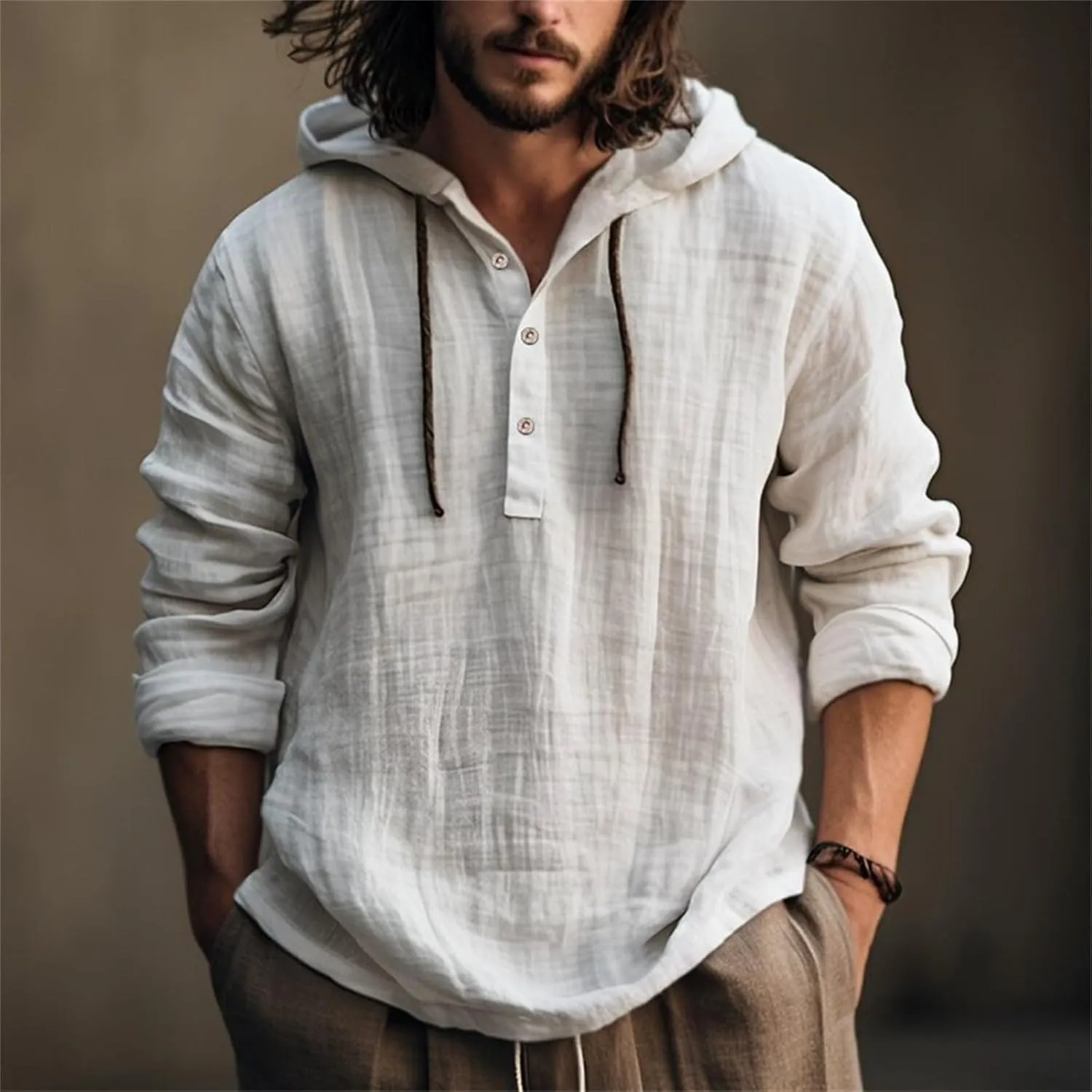 Linen Hoodie Men Lightweight Long Sleeve Button Down Shirts with Hood Summer Trendy Plain Drawstring Hooded Shirts