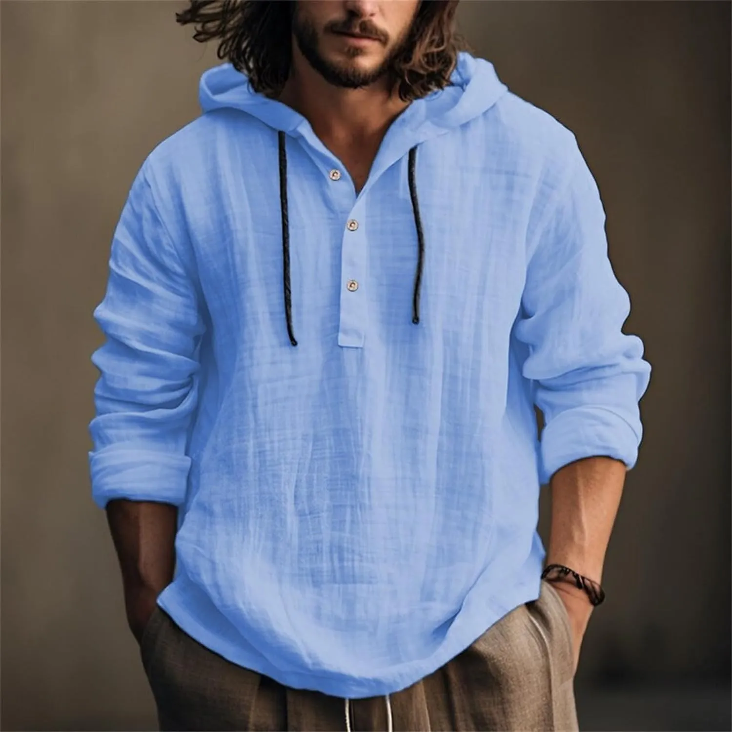 Linen Hoodie Men Lightweight Long Sleeve Button Down Shirts with Hood Summer Trendy Plain Drawstring Hooded Shirts