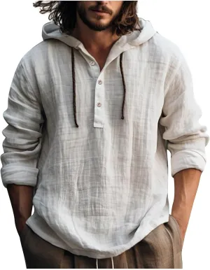 Linen Hoodie Men Lightweight Long Sleeve Button Down Shirts with Hood Summer Trendy Plain Drawstring Hooded Shirts