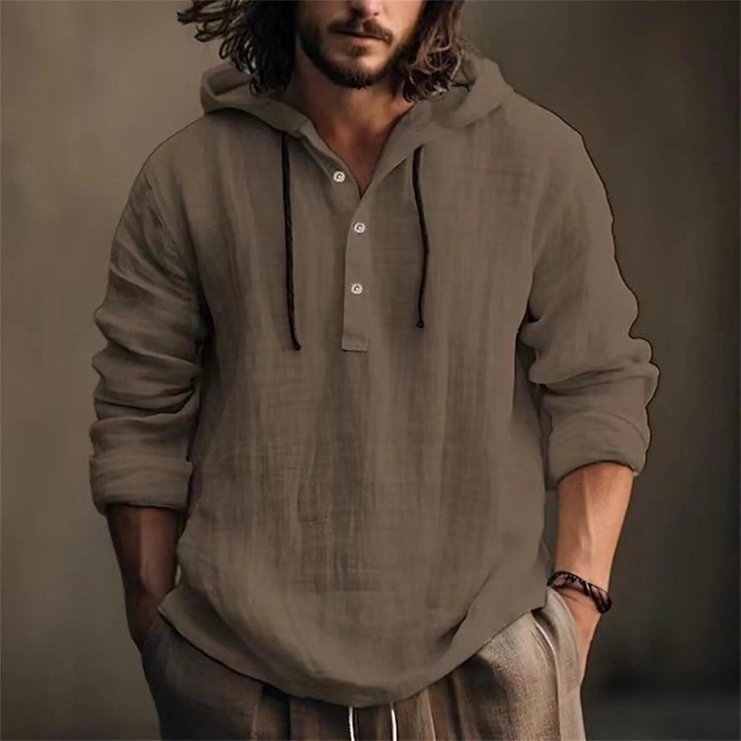 Linen Hoodie Men Lightweight Long Sleeve Button Down Shirts with Hood Summer Trendy Plain Drawstring Hooded Shirts