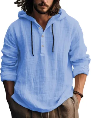 Linen Hoodie Men Lightweight Long Sleeve Button Down Shirts with Hood Summer Trendy Plain Drawstring Hooded Shirts