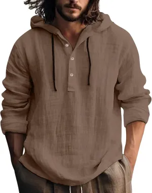 Linen Hoodie Men Lightweight Long Sleeve Button Down Shirts with Hood Summer Trendy Plain Drawstring Hooded Shirts