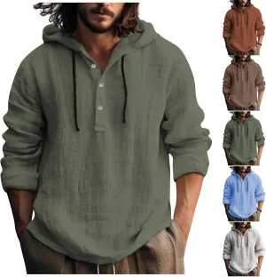 Linen Hoodie Men Lightweight Long Sleeve Button Down Shirts with Hood Summer Trendy Plain Drawstring Hooded Shirts