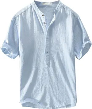 Linen Shirts for Men Button Down Linen Short Sleeve Casual Tunic Vacation Loose Lightweight Tank Top Regular Fit