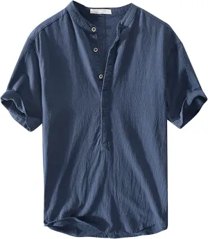 Linen Shirts for Men Button Down Linen Short Sleeve Casual Tunic Vacation Loose Lightweight Tank Top Regular Fit