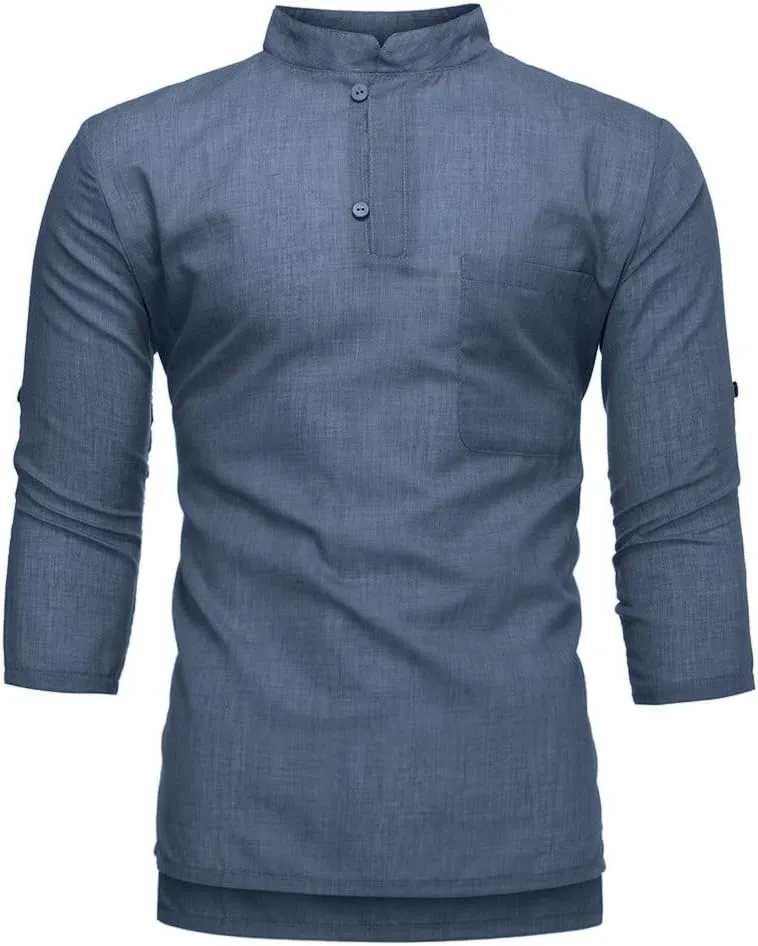 Linen Shirts for Men Men's Long Sleeve Roll up Sleeve Linen Henley Shirts Summer Casual V Neck Hippie Beach Shirts