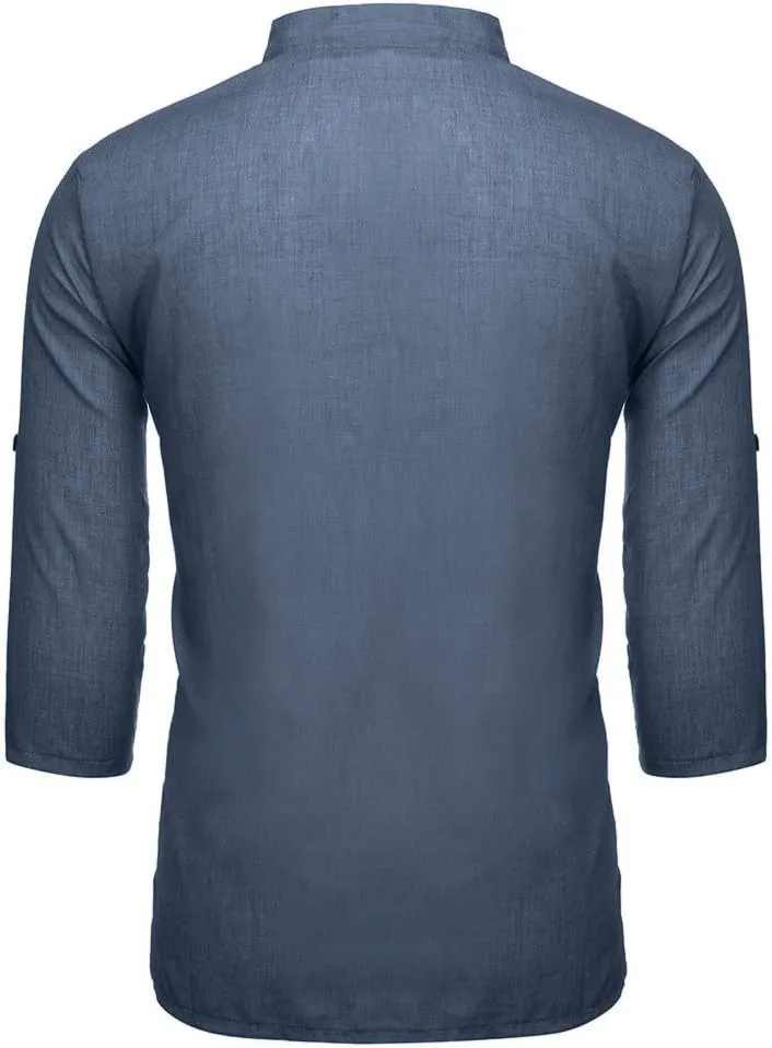 Linen Shirts for Men Men's Long Sleeve Roll up Sleeve Linen Henley Shirts Summer Casual V Neck Hippie Beach Shirts