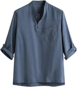 Linen Shirts for Men Men's Long Sleeve Roll up Sleeve Linen Henley Shirts Summer Casual V Neck Hippie Beach Shirts