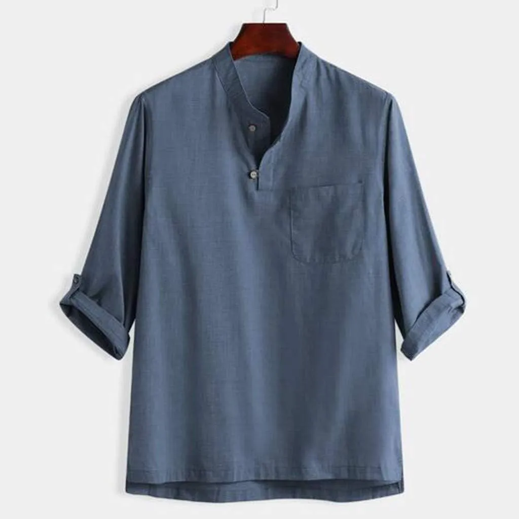 Linen Shirts for Men Men's Long Sleeve Roll up Sleeve Linen Henley Shirts Summer Casual V Neck Hippie Beach Shirts