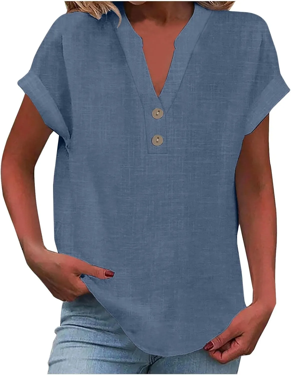 Linen Shirts for Women 2025 Womens Button Down Short Sleeve V Neck Shirts Solid Color Comfy Tops Summer Tunic Top