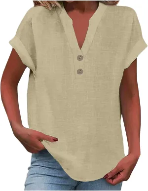 Linen Shirts for Women 2025 Womens Button Down Short Sleeve V Neck Shirts Solid Color Comfy Tops Summer Tunic Top