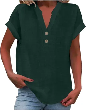 Linen Shirts for Women 2025 Womens Button Down Short Sleeve V Neck Shirts Solid Color Comfy Tops Summer Tunic Top